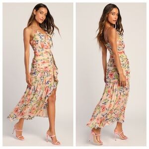 Lulus Stunning Soiree Blush Pink Floral Print Ruched Midi
Dress